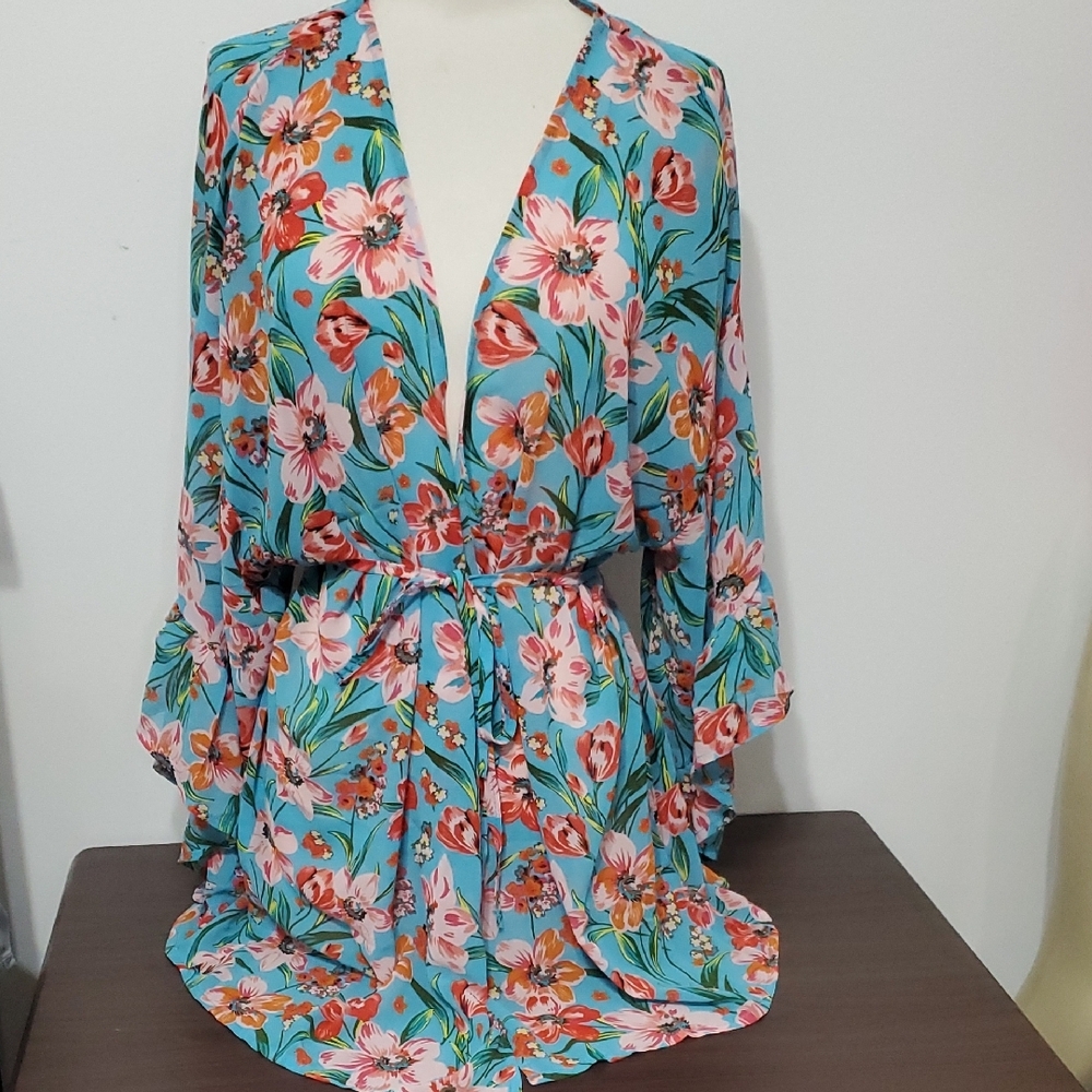 Umgee Floral Kimono Top - Blue and Pink
